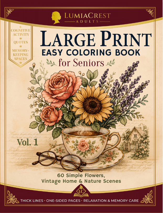 Cover of Large Print Easy Coloring Book for Seniors: 60 Simple Flowers, Vintage Home & Nature Scenes for Relaxation, Mindfulness and Memory Care – Thick Lines, One-Sided Pages